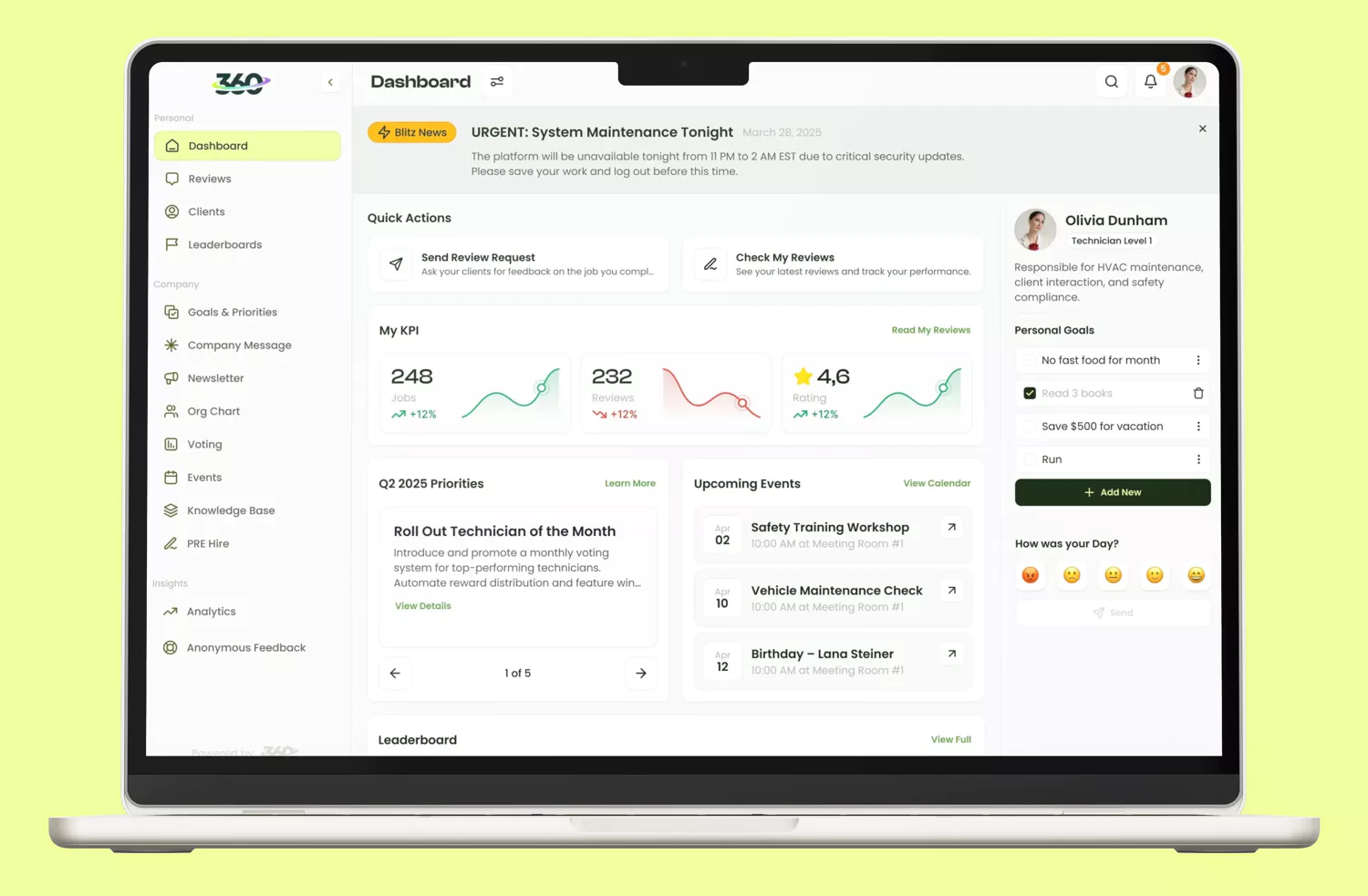 360 Synergy field service team management platform dashboard showing employee engagement features, performance tracking, and team communication tools